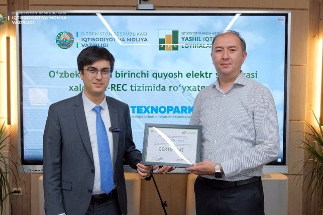 O‘zbekistonda ilk bor quyosh elektr stansiyasi “Yashil energiya” xalqaro sertifikatlar tizimida ro‘yxatdan o‘tkazildi