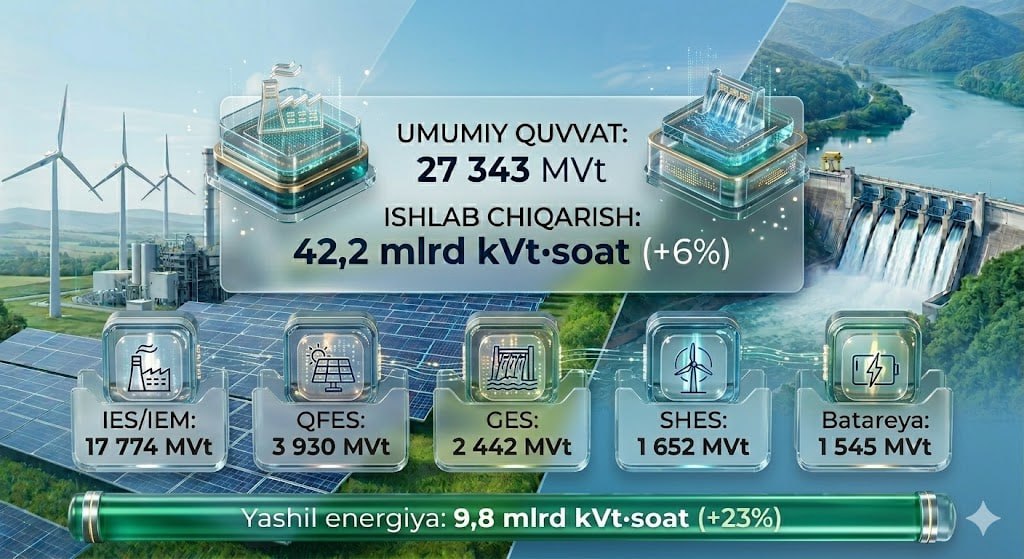 Generatsiyada “yashil” energiya ulushining ortishi tabiiy gazga bo‘lgan bog‘liqlikni kamaytirmoqda